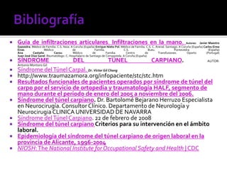  Guía de infiltraciones articulares. Infiltraciones en la mano. Autores: Javier Maestro
Saavedra. Médico de Familia. C.S. Noia. A Coruña (España) Enrique Nieto Pol. Médico de Familia. C.S. C. Arenal. Santiago. A Coruña (España) Carlos Eirea
Eiras. Médico de Familia. C.S. Bueu. Pontevedra (España)
Ana Castaño Carou. Médico de Familia. Centro de Transfusiones. Oporto (Portugal)
Juan José Díaz Garel. Reumatólogo. C. Hospitalario de Santiago de Compostela. A Coruña (España)
 SÍNDROME DEL TÚNEL CARPIANO. AUTOR:
Antonio Montoro Gil
 Síndrome delTúnel Carpal. Dr. Victor Gil Chang
 http://www.traumazamora.org/infopaciente/stc/stc.htm
 Resultados funcionales de pacientes operados por síndrome de túnel del
carpo por el servicio de ortopedia y traumatología HALF, segmento de
mano durante el periodo de enero del 2005 a noviembre del 2006.
 Síndrome del túnel carpiano. Dr. Bartolomé Bejarano Herruzo Especialista
en Neurocirugía. Consultor Clínico. Departamento de Neurología y
Neurocirugia CLINICA UNIVERSIDAD DE NAVARRA
 Síndrome delTúnel Carpiano. 22 de febrero de 2008
 Síndrome del túnel carpiano Criterios para su intervención en el ámbito
laboral.
 Epidemiología del síndrome del túnel carpiano de origen laboral en la
provincia de Alicante, 1996-2004
 NIOSH:The National Institute for Occupational Safety and Health | CDC
 