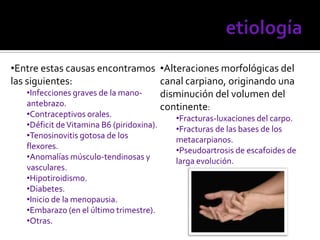 •Entre estas causas encontramos
las siguientes:
•Infecciones graves de la mano-
antebrazo.
•Contraceptivos orales.
•Déficit deVitamina B6 (piridoxina).
•Tenosinovitis gotosa de los
flexores.
•Anomalías músculo-tendinosas y
vasculares.
•Hipotiroidismo.
•Diabetes.
•Inicio de la menopausia.
•Embarazo (en el último trimestre).
•Otras.
•Alteraciones morfológicas del
canal carpiano, originando una
disminución del volumen del
continente:
•Fracturas-luxaciones del carpo.
•Fracturas de las bases de los
metacarpianos.
•Pseudoartrosis de escafoides de
larga evolución.
 