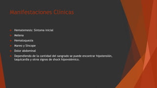 Manifestaciones Clínicas
 Hematemesis: Síntoma inicial
 Melena
 Hematoquezia
 Mareo y Síncope
 Dolor abdominal
 Dependiendo de la cantidad del sangrado se puede encontrar hipotensión,
taquicardia y otros signos de shock hipovolémico.
 