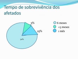 Tempo de sobrevivência dos
afetados
5% 6 meses
+3 meses
25% 1 mês
70%
 