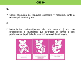 CIE 10 
C. 
 Grave alteración del lenguaje expresivo y receptivo, junto a 
retraso psicomotor grave. 
D. 
 Movimientos estereotipados de las manos (como de 
retorcérselas o lavárselas) que aparecen al tiempo o son 
posteriores a la pérdida de los movimientos intencionales. 
 