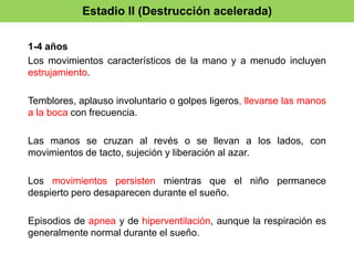 Estadio II (Destrucción acelerada) 
1-4 años 
Los movimientos característicos de la mano y a menudo incluyen 
estrujamiento. 
Temblores, aplauso involuntario o golpes ligeros, llevarse las manos 
a la boca con frecuencia. 
Las manos se cruzan al revés o se llevan a los lados, con 
movimientos de tacto, sujeción y liberación al azar. 
Los movimientos persisten mientras que el niño permanece 
despierto pero desaparecen durante el sueño. 
Episodios de apnea y de hiperventilación, aunque la respiración es 
generalmente normal durante el sueño. 
 