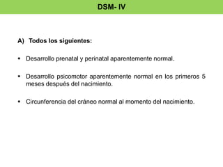DSM- IV 
A) Todos los siguientes: 
 Desarrollo prenatal y perinatal aparentemente normal. 
 Desarrollo psicomotor aparentemente normal en los primeros 5 
meses después del nacimiento. 
 Circunferencia del cráneo normal al momento del nacimiento. 
 