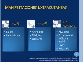 MANIFESTACIONES EXTRACUTÁNEAS
9
• Fiebre
• Leucocitosis
> 50% No
comunes
20-50%
• Artralgias
• Mialgias
• Oculares
• Alveolitis
• Osteomielitis
múltiple
estéril
• GMN
• Hepatitis
S. Paydas. Sweet’s syndrome: A revisit for hematologists and oncologists.
Critical Reviews in Oncology/Hematology 86 (2013) 85–95
 