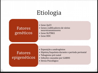 Etiologia
• Gene 2p23
• Genes codificadores de vários
neurotransmissores
• Gene SLITRK1
• Gene HDC
Fatores
genéticos
• Exposição a androgénios
• Hipóxia/Isquémia durante o período perinatal
• Tabagismo pré-natal
• Infeções causadas por GABHS
• Stress Psicológico
Fatores
epigenéticos
 