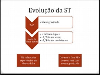 7-15
• Maior gravidade
Início da
idade adulta
• + 1/3 sem tiques;
• - 1/2 tiques leves;
• - 1/4 tiques persistentes
5% relata pior
experiências em
idade adulta
Durante a fase REM
do sono mas com
menos gravidade
Evolução da ST
 