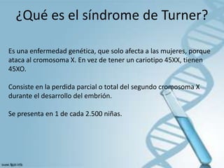 ¿Qué es el síndrome de Turner?

Es una enfermedad genética, que solo afecta a las mujeres, porque
ataca al cromosoma X. En vez de tener un cariotipo 45XX, tienen
45XO.

Consiste en la perdida parcial o total del segundo cromosoma X
durante el desarrollo del embrión.

Se presenta en 1 de cada 2.500 niñas.
 