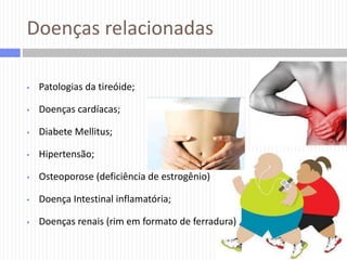 Doenças relacionadas


Patologias da tireóide;



Doenças cardíacas;



Diabete Mellitus;



Hipertensão;



Osteoporose (deficiência de estrogênio)



Doença Intestinal inflamatória;



Doenças renais (rim em formato de ferradura)

 