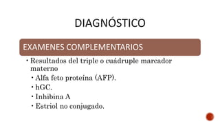 EXAMENES COMPLEMENTARIOS
•Resultados del triple o cuádruple marcador
materno
•Alfa feto proteína (AFP).
•hGC.
•Inhibina A
•Estriol no conjugado.
 