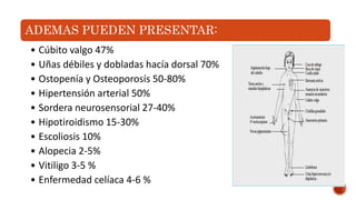 ADEMAS PUEDEN PRESENTAR:
• Cúbito valgo 47%
• Uñas débiles y dobladas hacía dorsal 70%
• Ostopenía y Osteoporosís 50-80%
• Hipertensión arterial 50%
• Sordera neurosensorial 27-40%
• Hipotiroidismo 15-30%
• Escoliosis 10%
• Alopecia 2-5%
• Vitiligo 3-5 %
• Enfermedad celíaca 4-6 %
 