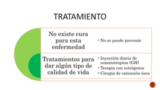 No existe cura
para esta
enfermedad
Tratamientos para
dar algún tipo de
calidad de vida
•No se puede prevenir
•Inyección diaria de
somatotropina (GH)
•Terapia con estrógenos
•Cirugía de extensión ósea
 