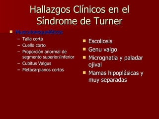 Hallazgos Clínicos en el Síndrome de Turner Musculoesqueléticos Talla corta Cuello corto Proporción anormal de segmento superior/inferior Cubitus Valgus Metacarpianos cortos Escoliosis Genu valgo Micrognatia y paladar ojival Mamas hipoplásicas y muy separadas 