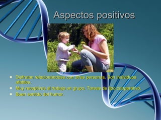 Aspectos positivos Disfrutan relacionándose con otras personas. Son individuos afables. Muy receptivos al trabajo en grupo. Tareas de tipo cooperativo. Buen sentido del humor. 