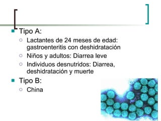 Tipo A:  Lactantes de 24 meses de edad: gastroenteritis con deshidratación Niños y adultos: Diarrea leve Individuos desnutridos: Diarrea, deshidratación y muerte Tipo B: China 