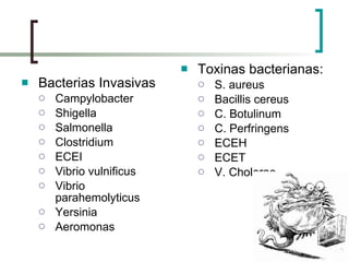 Bacterias Invasivas Campylobacter Shigella Salmonella Clostridium ECEI Vibrio vulnificus Vibrio parahemolyticus Yersinia Aeromonas Toxinas bacterianas: S. aureus Bacillis cereus C. Botulinum C. Perfringens ECEH ECET V. Cholerae 