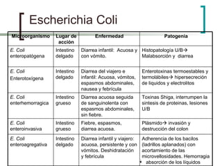 Escherichia Coli Adherencia de los bacilos (ladrillos aplanados) con acortamiento de las microvellosidades. Hemorragia  absorción de los líquidos Diarrea infantil y viajero: acuosa, persistente y con vómitos. Deshidratación y febrícula Intestino delgado E. Coli  enteroagregativa Plásmido   invasión y destrucción del colon Fiebre, espasmos, diarrea acuosa. Intestino grueso E. Coli  enteroinvasiva Toxinas Shiga, interrumpen la sintesis de proteinas, lesiones U/B Diarrea acuosa seguida de sanguinolenta con espasmos abdominales, sin fiebre. Intestino grueso E. Coli  enterhemorragica Enterotoxinas termoestables y termolábiles   hipersecreción de liquidos y electrolitos Diarrea del viajero e infantil: Acuosa, vómitos, espasmos abdominales, nausea y febrícula Intestino delgado E. Coli Enterotoxígena Histopatología U/B   Malabsorción y  diarrea Diarrea infantil:  Acuosa y con vómito. Intestino delgado E. Coli  enteropatógena Patogenia Enfermedad Lugar de acción Microorganismo 