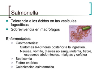 Salmonella Tolerancia a los ácidos en las vesículas fagocíticas Sobrevivencia en macrófagos Enfermedades:  Gastroenteritis:  Síntomas 6-48 horas posterior a la ingestión. Nausea, vómito, diarrea no sanguinolenta, fiebre, espasmos abdominales, mialgias y cefalea Septicemia Fiebre entérica Colonización asintomática 