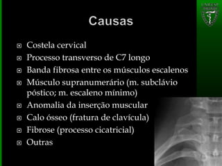  Costela cervical
 Processo transverso de C7 longo
 Banda fibrosa entre os músculos escalenos
 Músculo supranumerário (m. subclávio
póstico; m. escaleno mínimo)
 Anomalia da inserção muscular
 Calo ósseo (fratura de clavícula)
 Fibrose (processo cicatricial)
 Outras
 