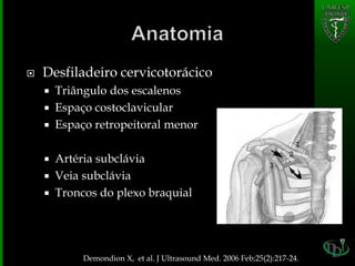  Desfiladeiro cervicotorácico
 Triângulo dos escalenos
 Espaço costoclavicular
 Espaço retropeitoral menor
 Artéria subclávia
 Veia subclávia
 Troncos do plexo braquial
Demondion X, et al. J Ultrasound Med. 2006 Feb;25(2):217-24.
 