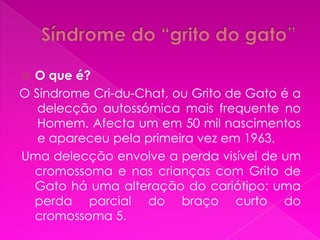  O que é?
O Síndrome Cri-du-Chat, ou Grito de Gato é a
   delecção autossómica mais frequente no
   Homem. Afecta um em 50 mil nascimentos
   e apareceu pela primeira vez em 1963.
Uma delecção envolve a perda visível de um
  cromossoma e nas crianças com Grito de
  Gato há uma alteração do cariótipo: uma
  perda parcial do braço curto do
  cromossoma 5.
 