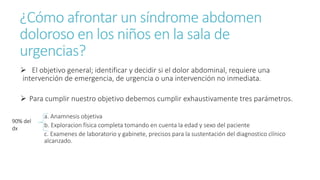 ¿Cómo afrontar un síndrome abdomen
doloroso en los niños en la sala de
urgencias?
 El objetivo general; identificar y decidir si el dolor abdominal, requiere una
intervención de emergencia, de urgencia o una intervención no inmediata.
 Para cumplir nuestro objetivo debemos cumplir exhaustivamente tres parámetros.
a. Anamnesis objetiva
b. Exploracion física completa tomando en cuenta la edad y sexo del paciente
c. Examenes de laboratorio y gabinete, precisos para la sustentación del diagnostico clínico
alcanzado.
90% del
dx
 