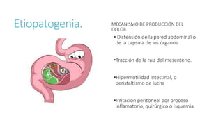 Etiopatogenia. MECANISMO DE PRODUCCIÓN DEL
DOLOR.
• Distensión de la pared abdominal o
de la capsula de los órganos.
•Tracción de la raíz del mesenterio.
•Hipermotilidad intestinal, o
peristaltismo de lucha
•Irritacion peritoneal por proceso
inflamatorio, quirúrgico o isquemia
 