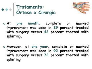 Tratamento:
Órtese x Cirurgia
 At one month, complete or marked
improvement was seen in 29 percent treated
with surgery versus 42 percent treated with
splinting.
 However, at one year, complete or marked
improvement was seen in 92 percent treated
with surgery versus 72 percent treated with
splinting
 