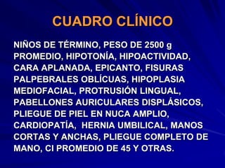 CUADRO CLÍNICO
NIÑOS DE TÉRMINO, PESO DE 2500 g
PROMEDIO, HIPOTONÍA, HIPOACTIVIDAD,
CARA APLANADA, EPICANTO, FISURAS
PALPEBRALES OBLÍCUAS, HIPOPLASIA
MEDIOFACIAL, PROTRUSIÓN LINGUAL,
PABELLONES AURICULARES DISPLÁSICOS,
PLIEGUE DE PIEL EN NUCA AMPLIO,
CARDIOPATÍA, HERNIA UMBILICAL, MANOS
CORTAS Y ANCHAS, PLIEGUE COMPLETO DE
MANO, CI PROMEDIO DE 45 Y OTRAS.
 