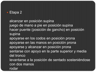  Etapa 2

 alcanzar en posición supina
 juego de mano a pie en posición supina
 hacer puente (posición de gancho) en posición
 supina
 apoyarse en los codos en posición prona
 apoyarse en las manos en posición prona
 apoyarse y alcanzar en posición prona
 sentarse con apoyo en la parte superior y media
 del tronco
 levantarse a la posición de sentado sosteniéndose
 con dos manos
 rodar
 