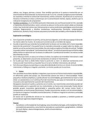 IDALYS REYES
UNIDAD I
cabeza, voz, lengua, piernas y tronco. Este temblor persiste en la postura mantenida con un
movimientode flexoextensión.Sufrecuenciaesde 7a 11 Hz.y tiende aprogresarproxirnalmente.
Se exacerba a intentar el control del movimiento, estrés o emoción. Aumenta con la escritura al
llevarse el alimentoa la boca y disminuye con la concentración mental, reposo, alcohol y por la
indicación terapéutica de propranolol.
 Temblorcerebeloso: esuntemblorpostural e intencional,conunafrecuenciade 3a 5 Hz. asociado
a hipotoníay dismetría(índice-nariz).Lalesiónse ubicaen la Vía cientorubral y debe ser bilateral,
o bien,hay lesióndel núcleorojo.Está presente envariascondicionespatológicascomoEsclerosis
múltiple, Degeneración y Atrofias cerebelosas, medicamentos (fenitoina, carbamazepina,
barbitúricos,alcohol ylitio),lesionesvascularesytumoralesdel cerebelo,enfermedad de Wilson.
Exploración semiológica:
 Con el paciente sentadoenla camilla,conlas piernascolgantes,se le indicaque apoye el dorsode
las manos sobre los muslos. Se evalúa así la existencia de un temblor de reposo.
 Se pide al paciente que extienda horizontalmente los brazos con los dedos de la mano separados
(posición de juramento"). Se puede forzar la maniobra colocando un papel sobre los dedos, y se
podrán verasílasoscilacionestransmitidas.De estemodose exploraeltemblorde actitud. También
se puede realizarlapruebade "confrontaciónde índices":sesolicitaal pacientequeenfrenteambos
dedos índicesenoposición con losbrazos en abducción.Cuandoexiste temblor,los índicesoscilan
describiendo círculos.
 Se le indica que tome un vaso y se lo lleve a la boca. Se explora así el temblor intencional: si está
presente, se observaran una serie de oscilaciones al realizar el movimiento.
 Se le pide que lleve su dedo índice hasta la punta de su nariz: se observan oscilaciones en el
transcurso del movimiento y al quedar fijo en la nariz; temblor intencional y de actitud.
 Se le dice que dibujeunaespiralque se vayaabriendodesde elcentrooun círculo.Si existe temblor
intencional, el dibujo es irregular y oscilante. Lo mismo sucede con la escritura.
 Corea:
Son sacudidasmuscularesrápidase irregulares,que ocurrenenformainvoluntariae impredecible,
en diferentes partes del cuerpo. Los movimientos carecen de ritmo e intencionalidad. Tienen
pequeña o mediana amplitud,y cuando afectan las extremidades, generalmente los hacen a nivel
distal. Lo característico es el continuo fluir del movimiento, que pasa sin transición de un grupo
muscular a otro (permanente sucesión del movimiento).
Desaparece durante el sueño y aumente con el estrés. Los movimientos voluntarios puedenser
distorsionados por la supresión con los involuntarios. La fuerza esta conservada. Puede afectar
grandes grupos musculares (generalizada) o pequeñas partes del cuerpo (corea focal) o
comprometerun hemicuerpo (hemicorea). Pueden movimientos axiales o en las extremidades.
La marcha esirregulare inestable (marchadanzante).El hablaesirregularenvolumeny velocidad,
puede ser explosiva.
Se asocia con la perdida de células en los núcleos caudado y putamen, y también puede ser
provocada por agonistas dopaminérgicos.
Causas:
- Hereditaria: enfermedad de Huntingtong, corea hereditaria benigna, enfermedad de Wilson,
coreoatetiosis paroxística, corea familiar asociada con acantositosis, gangliosidosis, síndrome
de Lesch-Nyhan, ataxia telangiectasias, atrofia olivocerebelosa.
- Encefalopatías
 