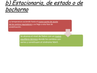 b) Estacionaria, de estado o de
bochorno
 La temperatura asciende hasta el nuevo punto de ajuste
 de los centros reguladores y se llega a esta fase de
 estabilización.



             Se alcanza el nivel de fiebre con un nuevo
             equilibrio térmico donde los cambios son
             varios y constituyen el síndrome febril.
 