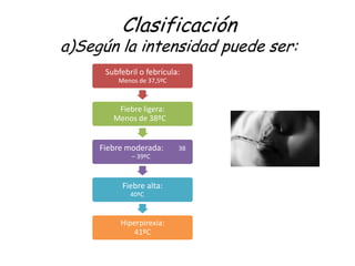 Clasificación
a)Según la intensidad puede ser:
      Subfebril o febrícula:
         Menos de 37,5ºC



         Fiebre ligera:
        Menos de 38ºC


     Fiebre moderada:      38
             – 39ºC



           Fiebre alta:
             40ºC



          Hiperpirexia:
             41ºC
 