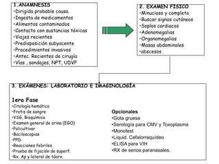 1.ANAMNESIS                                   2. EXAMEN FISICO
•Dirigida probable causa.                     •Minucioso y completo
•Ingesta de medicamentos                      •Buscar signos cutáneos
•Alimentos contaminados                       •Soplos cardiacos
•Contacto con sustancias tóxicas              •Adenomegalias
•Viajes recientes                             •Organomegalias
•Predisposición subyacente                    •Masas abdominales
•Procedimientos invasivos                     •abscesos
•Antec. Recientes de cirugía
•Vías , sondajes, NPT, UDVP



3. EXÁMENES: LABORATORIO E IMAGINOLOGÍA

1era Fase
•Citología hemática
•Frotis de sangre                  Opcionales
•VSG, Bioquímica                   •Gota gruesa
•Examen general de orina (EGO)     •Serología para CMV y Toxoplasma
•Policultivar
                                   •Monotest
•Baciloscopias
•PPD
                                   •Liquid. Cefalorraquídeo
•Reacciones febriles               •ELISA para VIH
•Prueba de fijación de superf.     •RX de senos paranasales.
•Rx. Ap y lateral de tóarx.
 