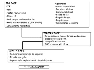 2DA FASE                                          Opcionales
•PCR                                              •Antiestreptolisinas
•VSG                                              •Proteínas séricas
•Factor reumatoides                               •Inmunoglobulinas
                                                  •Fondo de ojo
•Células LE
                                                  •Biopsia de ojo
•Anticuerpos antimuscular liso                    •Biopsia musc.
•Antic. Antinuclerares o DNA binding              •Rx de manos y columna
•Complemento hemolítico


                                       TERCERA FASE
                                       • Rx de cráneo y huesos largos Médula ósea
                                       • Biopsia de ganglio linf.
                                       • Urografía excretora.
                                       • TAC abdomen y/o tórax


   CUARTA FASE
   • Resonancia magnética de abdomen
   • Estudio con galio
   • Laparotomía exploradora biopsia laparasc.


                   4. TRATAMIENTO
 