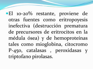 El 10-20% restante, proviene de
 otras fuentes como eritropoyesis
 inefectiva (destrucción prematura
 de precursores de eritrocitos en la
 médula ósea) y de hemoproteínas
 tales como mioglobina, citocromo
 P-450, catalasas , peroxidasas y
 triptofano pirolasas.
 