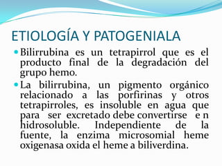 ETIOLOGÍA Y PATOGENIALA
 Bilirrubina es un tetrapirrol que es el
  producto final de la degradación del
  grupo hemo.
 La bilirrubina, un pigmento orgánico
  relacionado a las porfirinas y otros
  tetrapirroles, es insoluble en agua que
  para ser excretado debe convertirse e n
  hidrosoluble. Independiente de la
  fuente, la enzima microsomial heme
  oxigenasa oxida el heme a biliverdina.
 