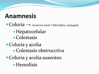 Anamnesis
 Coluria → excrecion renal ↑ bilirrubina conjugada
      Hepatocelular
      Colestasis

 Coluria y acolia
      Colestasis
                obstrucctiva
 Coluria y acolia ausentes:
    Hemolisis
 