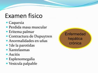 Examen fisico
 Caquexia
 Perdida masa muscular
 Eritema palmar
                             Enfermedad
 Contractura de Dupuytren
                              hepática
 Anormalidades en uñas
                               crónica
 ↑de la parotidas
 Xantelasmas
 Ascitis
 Esplenomegalia
 Vesicula palpable
 