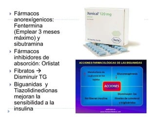  Fármacos
anorexígenicos:
Fentermina
(Emplear 3 meses
máximo) y
sibutramina
 Fármacos
inhibidores de
absorción: Orlistat
 Fibratos 
Disminuir TG
 Biguanidas y
Tiazolidinedionas
mejoran la
sensibilidad a la
insulina
 