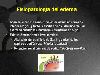 Fisiopatología del edema

 Aparece cuando la concentración de albúmina sérica es
  inferior a 2 g/dl, y tanto la ascitis como el derrame pleural
  aparecen cuando la albuminemia es inferior a 1.5 g/dl
 Existen 2 mecanismos involucrados:
    Alteración del equilibrio de Starling a nivel de los
      capilares periféricos: “hipótesis underfill”
    Retención renal primaria de sodio: “hipótesis overflow”
 