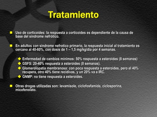 Tratamiento
 Uso de corticoides: la respuesta a corticoides es dependiente de la causa de
  base del sindrome nefrótico.

 En adultos con sindrome nefrotico primario, la respuesta inicial al tratamiento es
  cercano al 40-60%, con dosis de 1 – 1,5 mg/kg/dia por 4 semanas.

      Enfermedad de cambios mínimos: 50% respuesta a esteroides (8 semanas)
      GSFS: 20-40% respuesta a esteroides (8 semanas).
      Glomerolopatía membranosa: con poca respuesta a esteroides, pero el 40%
       recupera, otro 40% tiene recidivas, y un 20% va a IRC.
      GNMP: no tiene respuesta a esteroides.

 Otras drogas utilizadas son: levamisole, ciclofosfamida, ciclosporina,
  micofenolato.
 
