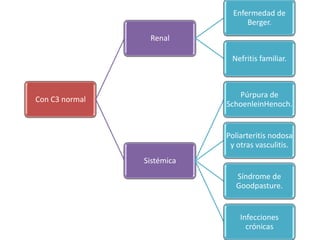 Enfermedad de
                                  Berger.
                 Renal

                             Nefritis familiar.



                               Púrpura de
Con C3 normal
                            SchoenleinHenoch.


                            Poliarteritis nodosa
                             y otras vasculitis.
                Sistémica
                              Síndrome de
                              Goodpasture.


                                Infecciones
                                  crónicas
 
