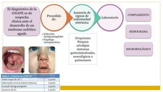 Laboratorio
Ausencia de
signos de
enfermedad
sistémica
Precedido
de:
• Infección
faringoamigdalar
• Impétigo
estreptocócico
El diagnóstico de la
GNAPE es de
sospecha
clínica ante el
desarrollo de un
síndrome nefrítico
agudo
Erupciones
Púrpura
artralgias
síntomas
gastrointestinales,
neurológicos o
pulmonares
COMPLEMENTO
HEMOGRAMA
MICROBIOLÓGICO
 
