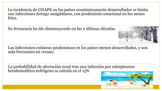 La incidencia de GNAPE en los países económicamente desarrollados se limita
con infecciones faringo amigdalares, con predominio estacional en los meses
fríos.
Su frecuencia ha ido disminuyendo en las 2 últimas décadas.
Las infecciones cutáneas predominan en los países menos desarrollados, y son
más frecuentes en verano.
La probabilidad de afectación renal tras una infección por estreptococo
betahemolítico nefrógeno se calcula en el 15%
 