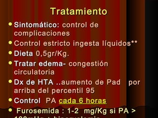 TratamientoTratamiento
Sintomático:Sintomático: control decontrol de
complicacionescomplicaciones
Control estricto ingesta líquidos**Control estricto ingesta líquidos**
DietaDieta 0,5gr/Kg.0,5gr/Kg.
Tratar edema-Tratar edema- congestióncongestión
circulatoriacirculatoria
Dx de HTA ..Dx de HTA .. aumento de Pad poraumento de Pad por
arriba del percentil 95arriba del percentil 95
ControlControl PAPA cada 6 horascada 6 horas
 Furosemida : 1-2 mg/Kg si PA >Furosemida : 1-2 mg/Kg si PA >
 