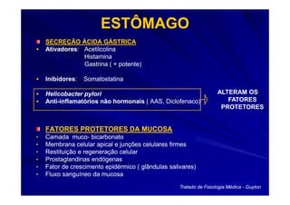 ESTÔMAGO
    SECREÇÃO ÁCIDA GÁSTRICA
    Ativadores:
    Ativadores: Acetilcolina
                Histamina
                Gastrina ( + potente)

    Inibidores:
    Inibidores:   Somatostatina

    Helicobacter pylori                                              ALTERAM OS
    Anti-
    Anti-inflamatórios não hormonais ( AAS, Diclofenaco)                FATORES
                                                                      PROTETORES


    FATORES PROTETORES DA MUCOSA
•   Camada muco- bicarbonato
              muco-
•   Membrana celular apical e junções celulares firmes
•   Restituição e regeneração celular
•   Prostaglandinas endógenas
•   Fator de crescimento epidérmico ( glândulas salivares)
•   Fluxo sanguíneo da mucosa

                                                    Tratado de Fisiologia Médica - Guyton
 