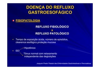 DOENÇA DO REFLUXO
          GASTROESOFÁGICO
FISIOPATOLOGIA

                 REFLUXO FISIOLÓGICO
                          x
                 REFLUXO PATOLÓGICO

Tempo de exposição ácida, número de episódios,
clearence esofágico,proteção mucosa

       Hipotônico
EEI
      Tônus normal com relaxamento
      independente das deglutições

                    Joaquim Prado-Tratado das Enfermidades Gastrintestinais e Pancreáticas
                            Prado-
 