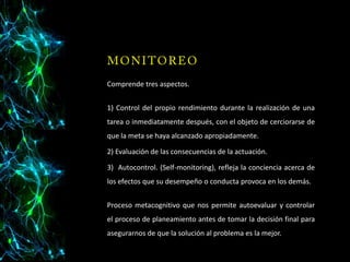 

Comprende tres aspectos.



1) Control del propio rendimiento durante la realización de una
tarea o inmediatamente después, con el objeto de cerciorarse de
que la meta se haya alcanzado apropiadamente.



2) Evaluación de las consecuencias de la actuación.



3) Autocontrol. (Self-monitoring), refleja la conciencia acerca de
los efectos que su desempeño o conducta provoca en los demás.



Proceso metacognitivo que nos permite autoevaluar y controlar
el proceso de planeamiento antes de tomar la decisión final para
asegurarnos de que la solución al problema es la mejor.

 
