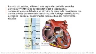 Las vías accesorias, al formar una segunda conexión entre las
aurículas y ventrículos pueden dar lugar a taquicardias
supraventriculares debido a un circuito de reentrada constituido por
aurícula-nodo aurículo-ventricular-Haz de Purkinje-ventrículo-vía
accesoria –aurícula, denominadas taquicardias por movimiento
circular.
Almeral-Garrote J, González-Torrecilla E, Atienza-Fernández F, Vigil-Escribano D, Arenal-Maiz A. Tratamiento de los pacientes con preexitación ventricular. Rev Esp Cardiol. 2004; 57(9). 859-
 