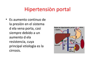 Ascitis
• Es la acumulaciòn d
  elìquido en al cavidad
  abdominal generada
  por la hipertensiòn
  portal.
• Es un trasud...